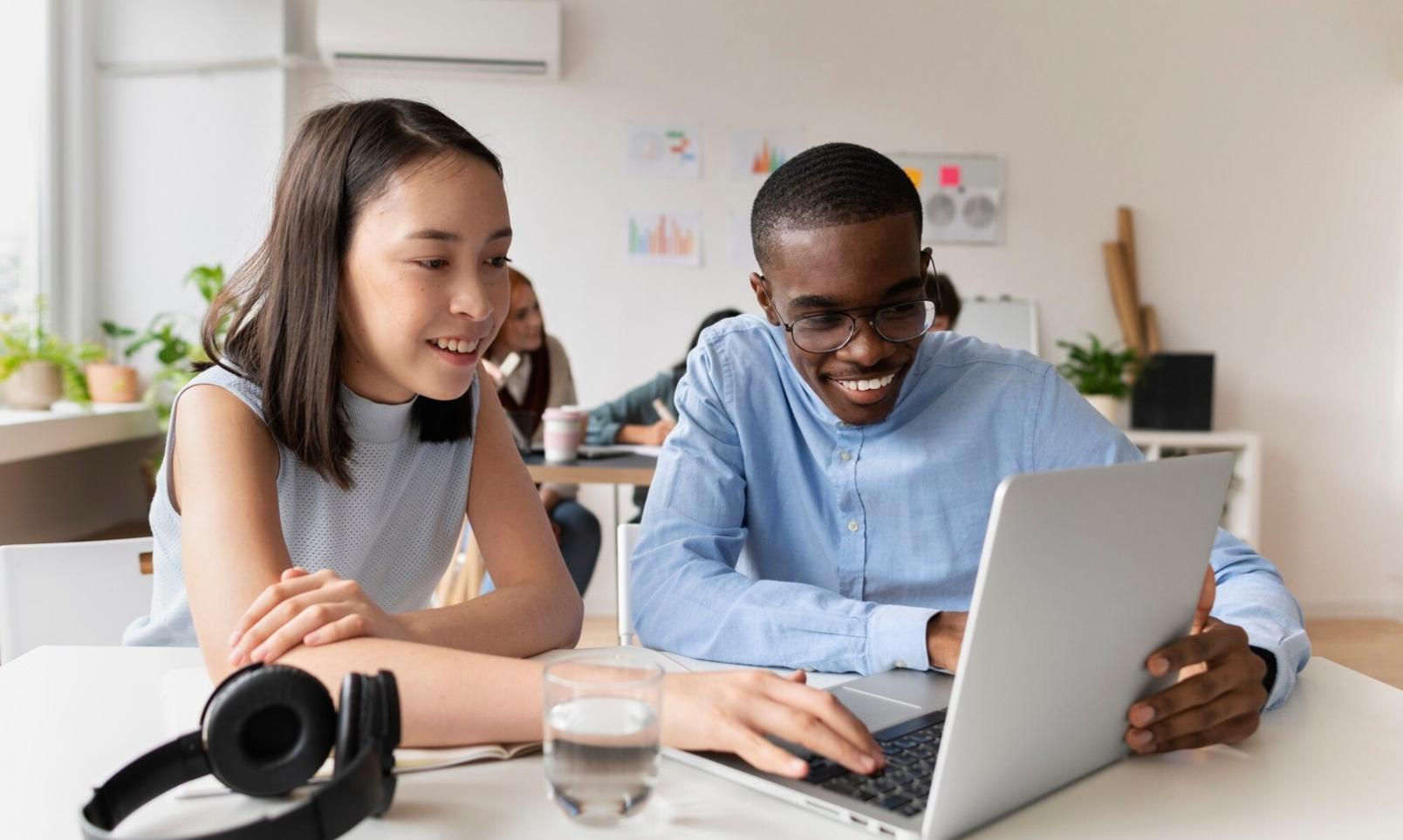 Modern office space with financial technology displays